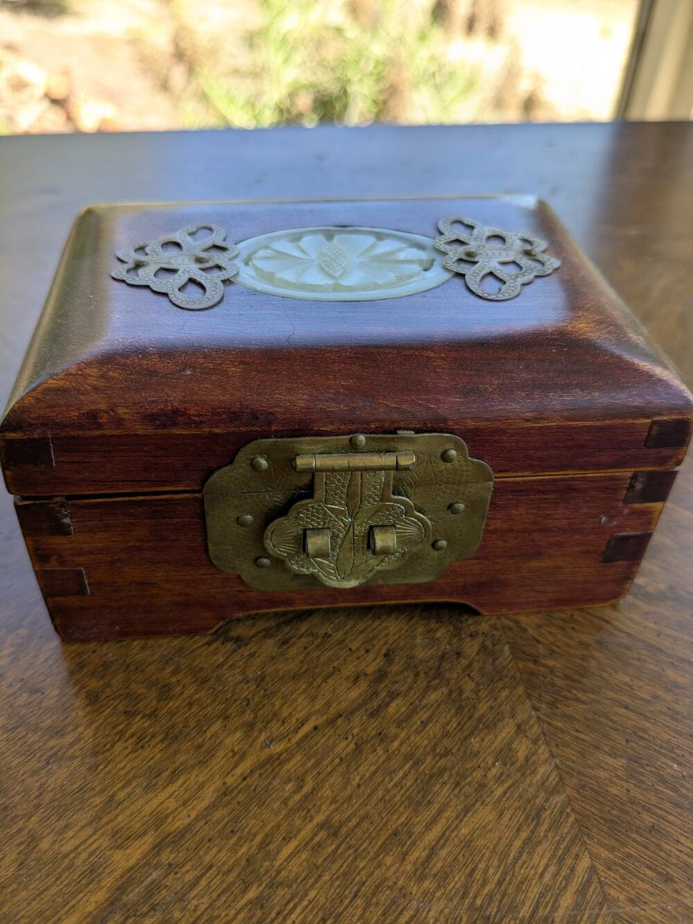 Vintage Chinese Rosewood Jewelry Box - Jade Medallion Brass Hardware - 4.5"
